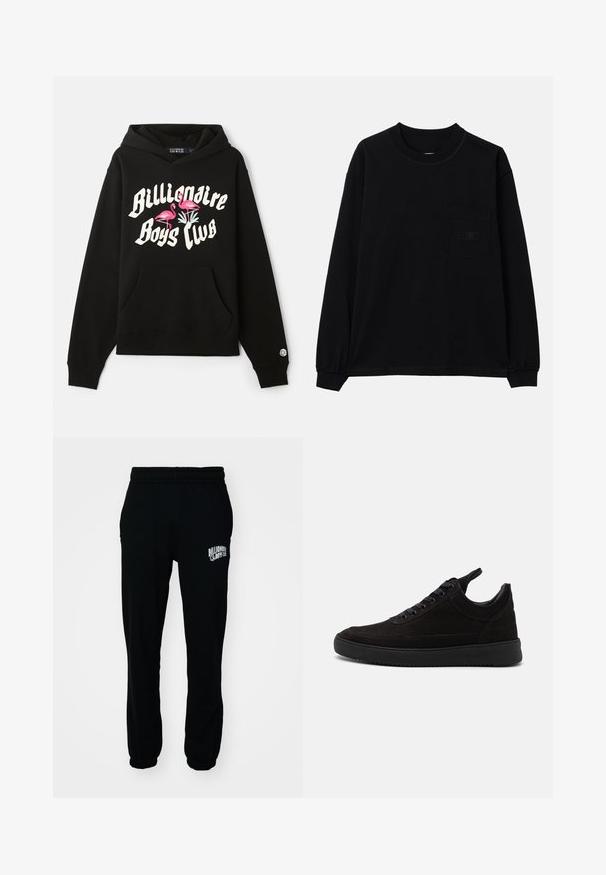 Melna kapuce džemperis ar priekšējo kenguru kabatu. Iezīmēts ar baltu tekstu "Billionaire Boys Club" un rozā flamingo grafiku uz krūtīm.; Melnas garām piedurknēm T-krekls, izgatavots no kokvilnas, ar apaļu kaklu, kreisās krūtis kabatu un elastīgiem aprocēm. Minimālistisks dizains bez rakstiem.; Melna фліša sporta bikses ar elastīgu jostu un aprocēm. Ar baltu logo kreisajā augšstilbā. Gluda tekstūra, brīva piegriezuma.; Melnā zamšādas sporta apavi ar noapaļotu purngalu, auklām uz priekšu, mīkstu apkakli un teksturētu gumijas zoli, kas nodrošina saķeri. Minimalistisks dizains un gluda apdare.