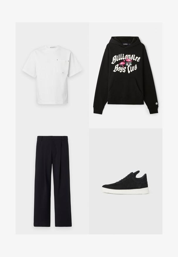 Sudadera con capucha negra y un bolsillo tipo canguro en la parte delantera. Presenta texto blanco "Billionaire Boys Club" y gráficos de flamenco rosa en el pecho.; Camiseta de cuello redondo de manga corta blanca con un bolsillo cuadrado en el lado izquierdo del pecho sujeto por cuatro remaches metálicos.; Pantalones de pierna ancha en tejido negro, con pliegues frontales, parte delantera plana y trabillas para cinturón. Textura suave sin patrones ni acentos visibles.; Zapatilla de ante negra con suela de goma blanca, que presenta costuras en el mismo tono y un diseño de cordones. Textura suave con una forma moderna y aerodinámica.