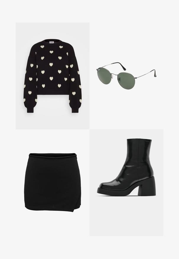 Noisy May NMCHARLOTT O NECK - Svetr - black/oatmeal; Černá sukně s elastickým pasem, s překládaným designem. Vyrobena z hladké tkaniny, má jednoduchou, čistou siluetu. Žádné další detaily.; Černé kotníkové boty s lesklým povrchem, čtveratou špičkou a silným blokovým podpatkem. Design se vyznačuje bezproblémovým siluetu a minimálním brandingem.; Sluneční brýle s kovovým rámem a oválnými zelenými skly. Tenký stříbrný kovový rám a černé chrániče uší. Minimalistický design, žádné viditelné logo.