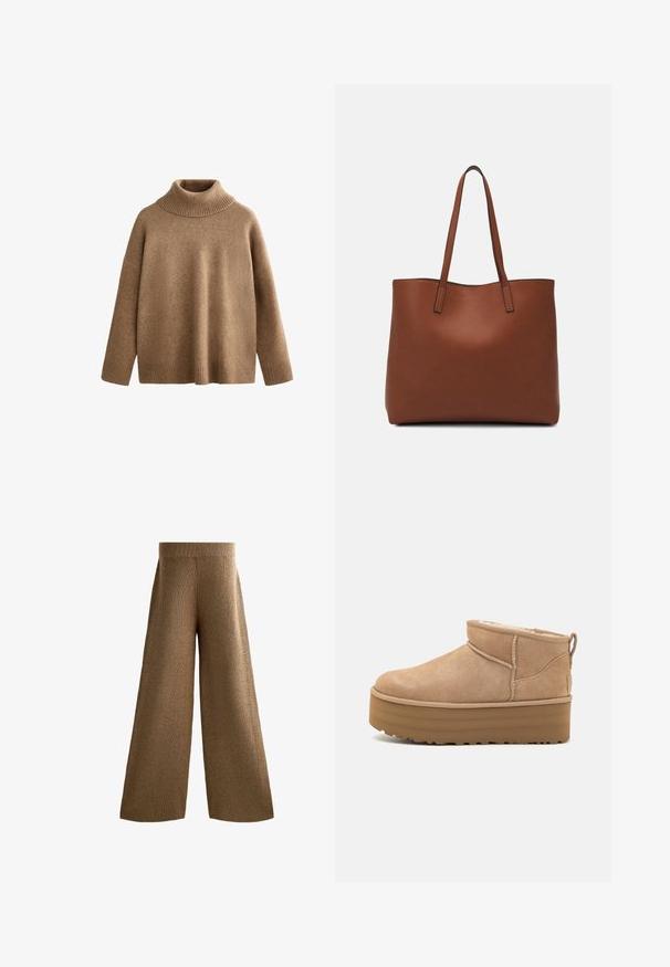 Hnědý pletený rolák s žebrovaným límcem a manžetami. Volný střih s hladkou texturou a bezešvým designem.; Hnědé pletené kalhoty širokého střihu s žebrovaným pasem, texturovanou látkou a bočními švy zasahujícími až k lemu, které nabízejí pohodlný střih.; Béžové semišové kotníkové boty s plyšovým interiérem, které mají platformovou podrážku a poutko na zadní straně pro snadné obutí. Texturovaná gumová podrážka.; Hnědá kožená taška přes rameno s hladkou texturou, otevřeným designem a dvěma ramenními popruhy. Obsahuje minimální švy a žádné viditelné kovové prvky.