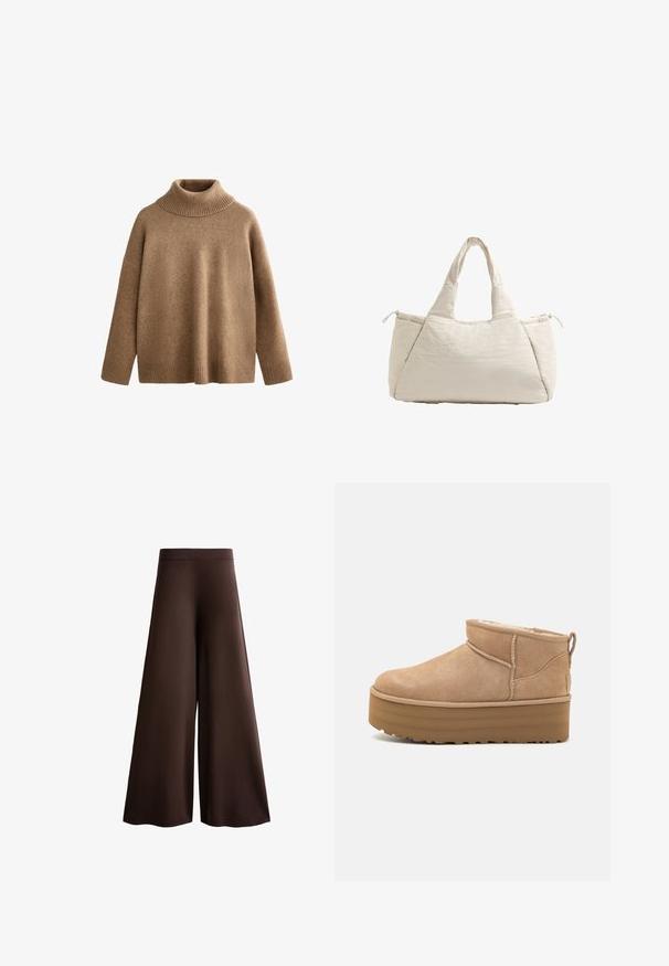 Brun stickad polotröja med ribbad krage och manschetter. Löst sittande siluett med en slät yta och sömlös design.; Bruna vida byxor i mjukt tyg, med hög midja, subtil textur och en flytande silhuett utan synliga stängningar eller dekorationer.; Beiga mockaskängor till anklarna med en mjuk inredning, med en plattformssula och en dragsko baktill för enkel påtagning. Mönstrad gummisula.; Beige, vadderad tote-väska med dubbla handtag, mjuk textur och dragkedjestängning på ena sidan. Enkel, rundad form och minimala designdetaljer.