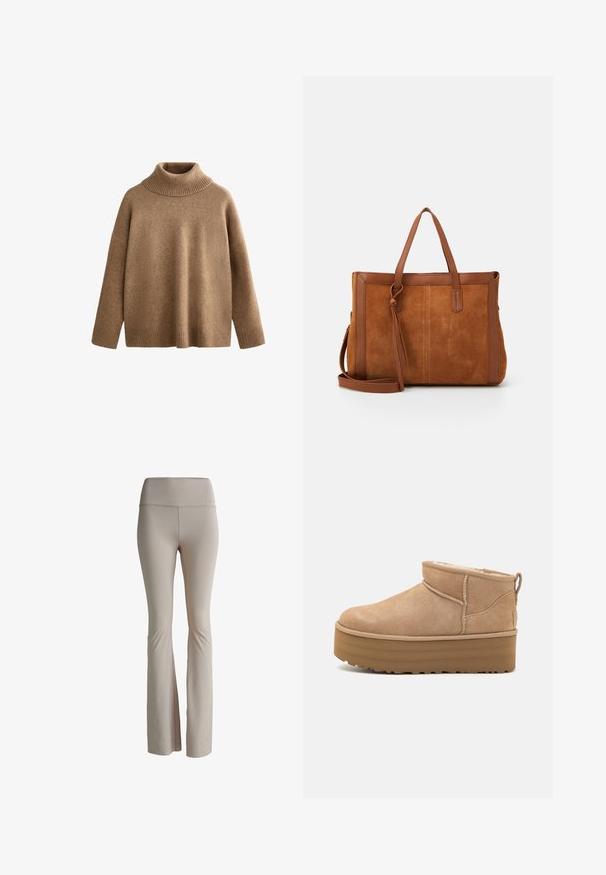 Brązowy sweter z golfem wykonany na drutach, z żeberkowym kołnierzem i mankietami. Luźny krój z gładką strukturą i bezszwowym designem.; Beżowe legginsy dzwony wykonane z elastycznego materiału. Wysoki stan z subtelnym logo. Gładka faktura bez widocznych szwów czy wzorów.; Beżowe zamszowe botki za kostkę z miękkim wnętrzem, z platformą i pętlą z tyłu ułatwiającą zakładanie. Teksturowana gumowa podeszwa.; Brązowa torba typu tote z zamszu z skórzanymi akcentami, z dwiema rączkami, odczepianym paskiem na ramię i prostym, zorganizowanym wzornictwem.