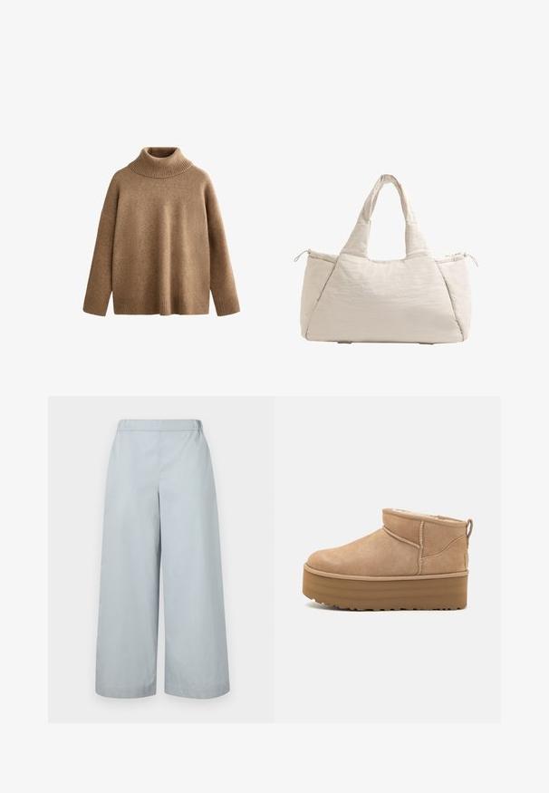 Bruine gebreide trui met col en geribde manchetten. Losvallende silhouet met een gladde textuur en naadloos ontwerp.; MM ANTILLE - Broek - light blue; Beige suède enkellaarsjes met een pluche binnenvoering, voorzien van een plateauzool en een trekhaak aan de achterkant voor gemakkelijk aantrekken. Gemêleerde rubberen zool.; Beige gevoerde schoudertas met twee handvatten, ronde vorm, textuurstof en een trekkoord zijvak. Gladde afwerking, minimalistisch ontwerp.