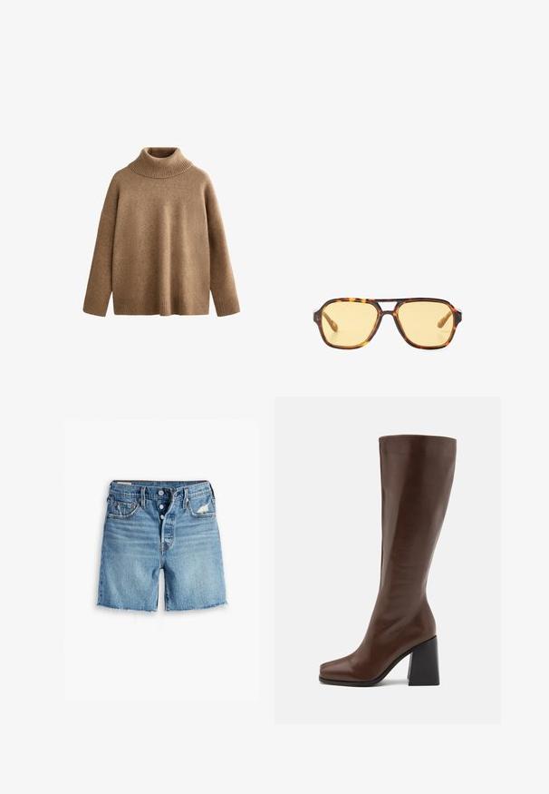 Hnědý pletený rolák s žebrovaným límcem a manžetami. Volný střih s hladkou texturou a bezešvým designem.; Světle modré džínové šortky s třepeným lemem, zapínáním na knoflík a designem s pěti kapsami. Na přední straně mají mírné opotřebení.; RAID RENZO - Vysoká obuv - brown; Sluneční brýle s želvovinovým vzorem, geometrickým designem, žlutými skly a kovovými akcenty na stranách. Široký rám a matný povrch.; Červená kůže hobo taška s širokým, volnějším designem a velkým otvorem, zdobená jemnou texturou a logo vyraženým na přední straně.