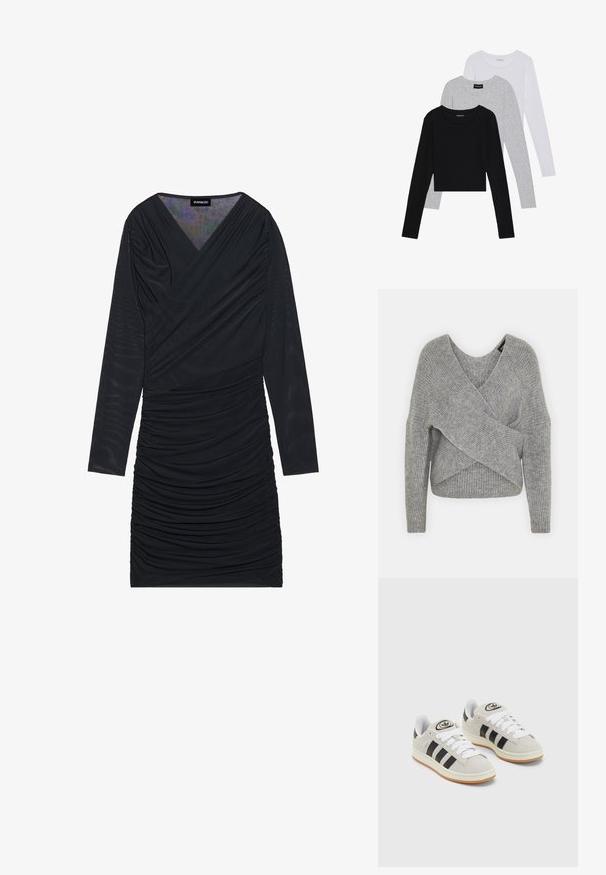 Szürke, mély V kivágású, hosszú ujjú kötött pulóver, bordás textúrával. Puha kötött anyagból készült, réteges, aszimmetrikus dizájnnal.; Fekete, hosszú ujjú ruha rugalmas anyagból, V-nyakkivágással és ráncolt textúrával, amely illeszkedő sziluettet hoz létre.; Három hosszú ujjú póló egymásra rakva: fekete, szürke és fehér. Mindegyiknek kerek nyaka van, és rövidített fazonnal rendelkezik, sima, könnyű anyagból készült.; Szürke velúr sportcipők fehér fűzővel, fekete csíkokkal és fehér gumitalppal. A nyelvén kör alakú logó található, illetve a talpa színes gumi.