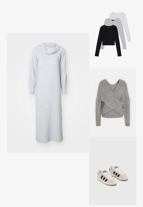 Szürke, mély V kivágású, hosszú ujjú kötött pulóver, bordás textúrával. Puha kötött anyagból készült, réteges, aszimmetrikus dizájnnal.; Világosszürke, kötött ruha, ívelt nyakkivágással, hosszú ujjakkal és bordázott mandzsettákkal. Hosszú, egyenes sziluett, puha textúrával.; Három hosszú ujjú póló egymásra rakva: fekete, szürke és fehér. Mindegyiknek kerek nyaka van, és rövidített fazonnal rendelkezik, sima, könnyű anyagból készült.; Szürke velúr sportcipők fehér fűzővel, fekete csíkokkal és fehér gumitalppal. A nyelvén kör alakú logó található, illetve a talpa színes gumi.