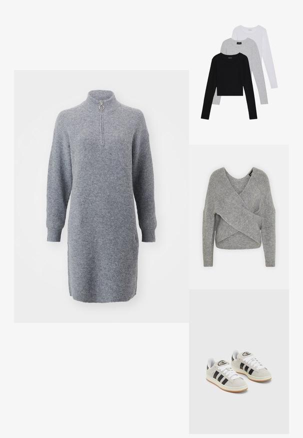 Maglione avvolgente grigio con scollatura a V profonda, maniche lunghe e texture a coste. Realizzato in un morbido materiale in maglia con un design asimmetrico a strati.; Abito grigio a coste con maniche lunghe, colletto alto e zip frontale. Presenta un tirazip circolare e un orlo leggermente allungato.; Tre magliette a maniche lunghe impilate: nera, grigia e bianca. Ognuna ha un colletto rotondo e un design accorciato con tessuto morbido e leggero.; Sneakers in suede grigio con lacci bianchi, strisce nere e suola in gomma bianca. Presentano un logo circolare sulla linguetta e una suola in gomma.
