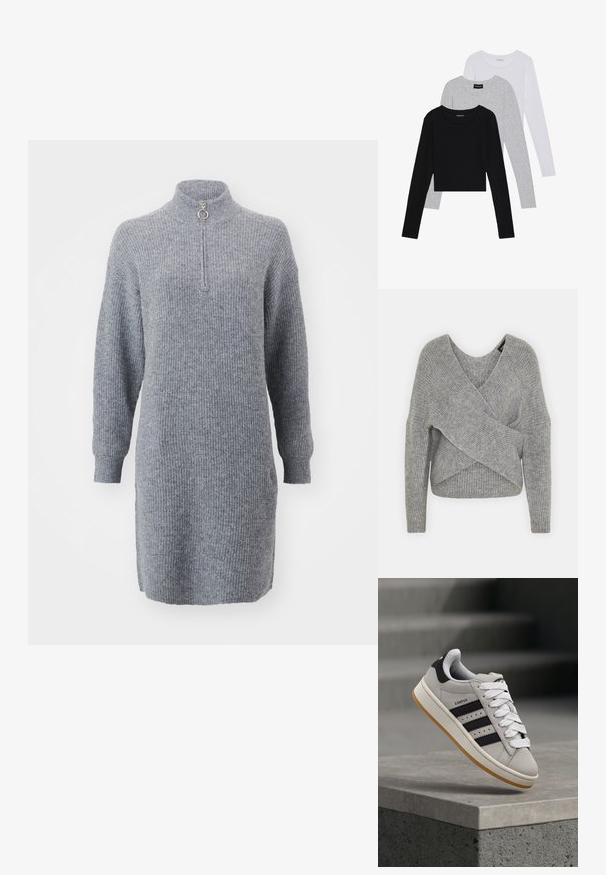 Šedý svetr s volnějším V-výstřihem, dlouhými rukávy a žebrovanou strukturou. Vyrobeno z měkké pleteniny s vrstveným, asymetrickým designem.; Šedé, žebrované pletené šaty s dlouhými rukávy, vysokým límcem a předním zipem. Obsahují kulatou rukojeť zipu a mírně prodloužený lem.; Tři trička s dlouhým rukávem naskládaná na sobě: černé, šedé a bílé. Každé má kulatý výstřih a kratší střih z hladkého, lehkého materiálu.; Šedý teniska Adidas Campus s černými pruhy a bílými tkaničkami plovoucí nad betonovým okrajem se schody v pozadí.