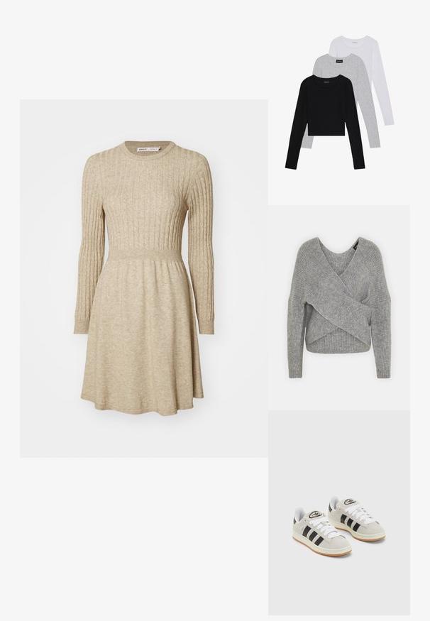 Szürke, mély V kivágású, hosszú ujjú kötött pulóver, bordás textúrával. Puha kötött anyagból készült, réteges, aszimmetrikus dizájnnal.; Beige bordás kötött ruha hosszú ujjakkal, kerek nyakkivágással, testhez álló derékkal és bővülő szoknyával. Puha textúra, finom színváltozatokkal.; Három hosszú ujjú póló egymásra rakva: fekete, szürke és fehér. Mindegyiknek kerek nyaka van, és rövidített fazonnal rendelkezik, sima, könnyű anyagból készült.; Szürke velúr sportcipők fehér fűzővel, fekete csíkokkal és fehér gumitalppal. A nyelvén kör alakú logó található, illetve a talpa színes gumi.