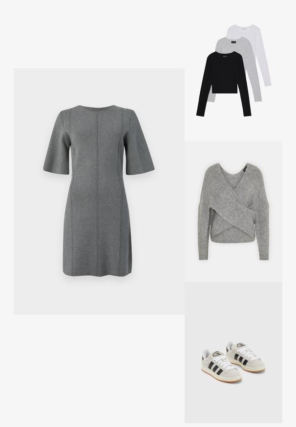 Pullover griș cu un decolteu adânc în V, mâneci lungi și textură cu ochiuri. Fabricat dintr-un material tricotat moale, cu un design stratificat și asimetric.; Rochie tricotată gri, cu mâneci scurte evazate, decolteu rotund și cusături verticale. Textură netedă și design până la genunchi.; Trei bluze cu mânecă lungă așezate: neagră, gri și albă. Fiecare are un guler rotund și un design scurt, realizat dintr-un material fin și ușor.; Adidași din suede gri cu șireți albi, dungi negre și talpă din cauciuc alb. Prezintă un logo circular pe limbă și o talpă din cauciuc.