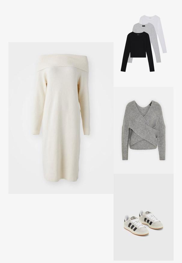 Szürke, mély V kivágású, hosszú ujjú kötött pulóver, bordás textúrával. Puha kötött anyagból készült, réteges, aszimmetrikus dizájnnal.; Vállnélküli krémszínű kötött ruha hosszú ujjal, bordázott nyakkivágással és puha textúrával, egyenes vonalvezetéssel és térdhosszal.; Három hosszú ujjú póló egymásra rakva: fekete, szürke és fehér. Mindegyiknek kerek nyaka van, és rövidített fazonnal rendelkezik, sima, könnyű anyagból készült.; Szürke velúr sportcipők fehér fűzővel, fekete csíkokkal és fehér gumitalppal. A nyelvén kör alakú logó található, illetve a talpa színes gumi.