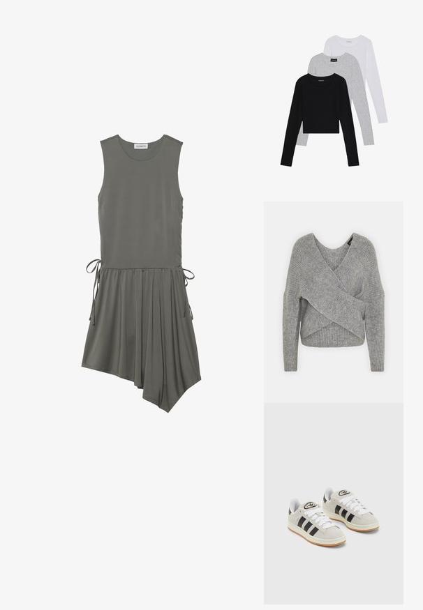Pullover griș cu un decolteu adânc în V, mâneci lungi și textură cu ochiuri. Fabricat dintr-un material tricotat moale, cu un design stratificat și asimetric.; Rochie fără mâneci din țesătură verde măsliniu, cu detaliu de legare pe lateral, fustă pliată și tiv asimetric. Textură netedă, design casual.; Trei bluze cu mânecă lungă așezate: neagră, gri și albă. Fiecare are un guler rotund și un design scurt, realizat dintr-un material fin și ușor.; Adidași din suede gri cu șireți albi, dungi negre și talpă din cauciuc alb. Prezintă un logo circular pe limbă și o talpă din cauciuc.