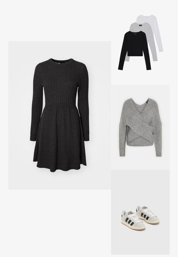 Pullover griș cu un decolteu adânc în V, mâneci lungi și textură cu ochiuri. Fabricat dintr-un material tricotat moale, cu un design stratificat și asimetric.; Rochie tricotată ribbed de culoare gri închis, cu manșete lungi, decolteu rotund, corset ajustat și fustă evazată. Textură moale, design versatil.; Trei bluze cu mânecă lungă așezate: neagră, gri și albă. Fiecare are un guler rotund și un design scurt, realizat dintr-un material fin și ușor.; Adidași din suede gri cu șireți albi, dungi negre și talpă din cauciuc alb. Prezintă un logo circular pe limbă și o talpă din cauciuc.