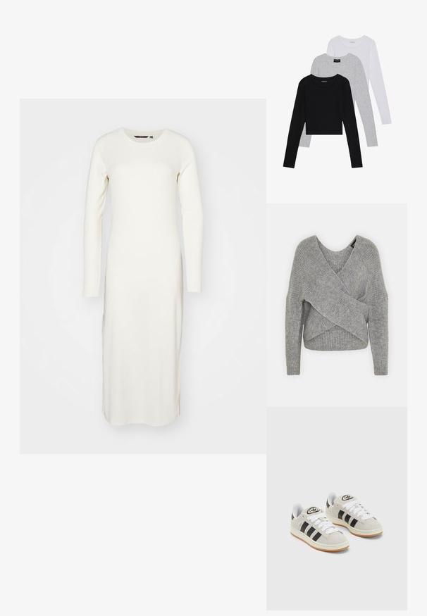 Suéter cinza envolvente com um decote em V profundo, mangas longas e textura canelada. Feito de um material de malha suave com um design assimétrico em camadas.; Vestido de mangas longas e canelado em off-white, com decote redondo e fendas laterais para maior liberdade de movimentos. Feito de um tecido macio e texturizado.; Três camisetas de manga longa empilhadas: preta, cinza e branca. Cada uma tem um decote redondo e um design cropped, feitas de um tecido leve e suave.; Tênis de camurça cinza com atacadores brancos, riscas pretas e uma sola de borracha branca. Apresenta um logótipo circular na língua e uma sola de borracha.