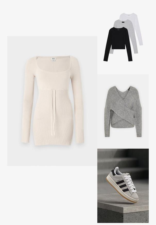 Sivý cardigan s hlbokým V- výstrihom, dlhými rukávmi a rebrovanou textúrou. Vyrobený z mäkkého pleteného materiálu s viacvrstvovým, asymetrickým dizajnom.; Béžový pletený sveter s dlhým rukávom a štvorcovým výstrihom, rebrovanou textúrou, detalmi na stiahnutie v oblasti pásu a priliehavým strihom.; Tričko s dlhým rukávom v troch farbách: čiernej, sivej a bielej. Každé má okrúhly výstrih a skrátený strih vyrobený z hladkej, ľahkej tkaniny.; Šedá teniska Adidas Campus s čiernymi pruhmi a bielymi šnúrkami vznášajúca sa nad betónovým múrikom so schodmi v pozadí.
