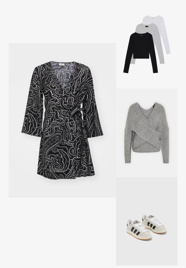 Pullover griș cu un decolteu adânc în V, mâneci lungi și textură cu ochiuri. Fabricat dintr-un material tricotat moale, cu un design stratificat și asimetric.; Rochie neagră încrețită cu un model paisley alb, design cu guler în V, mâneci lungi evazate și talie legată. Material neted cu o textură ușoară.; Trei bluze cu mânecă lungă așezate: neagră, gri și albă. Fiecare are un guler rotund și un design scurt, realizat dintr-un material fin și ușor.; Adidași din suede gri cu șireți albi, dungi negre și talpă din cauciuc alb. Prezintă un logo circular pe limbă și o talpă din cauciuc.