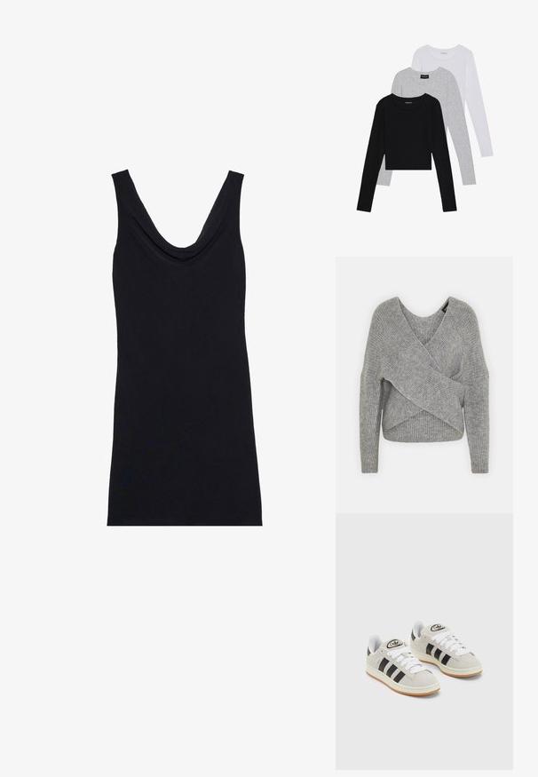 Harmaa neulejakku, jossa on syvä V-kaula-aukko, pitkät hihat ja ribboitu pinta. Valmistettu pehmeästä neuloksesta, jossa on kerroksellinen ja epäsymmetrinen muotoilu.; Musta toppi, jossa on roikkuva kaula-aukko, hihaton muotoilu ja vartalonmyötäinen siluetti. Valmistettu pehmeästä, kevyestä kankaasta.; Kolme pitkähihasta paita päällekkäin: musta, harmaa ja valkoinen. Jokaisessa on pyöreä pääntie ja lyhennetty muotoilu, jossa on sileä ja kevyt kangas.; Harmaat mokkasiinikenkä, joissa on valkoiset nauhat, mustat raidat ja valkoinen kumipohja. Kantajassa on pyöreä logo ja vaaleanruskea pohja.