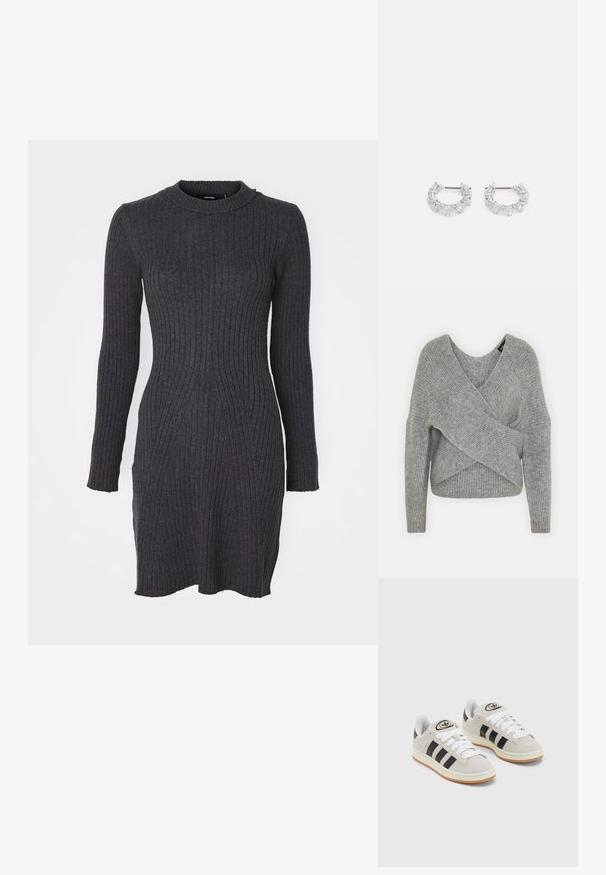 Hallide hallhargus, sügava V-kaelusega, pikkade varrukatega ja ribatrepiga. Valmistatud pehmest kudumismetallist, millel on kihiline, asümmeetriline disain.; Tumehall ribadest kootud kleit pika käistega, ümar kaelus ja veidi laienev äär. Omab vertikaalset ribastust ja pehmet tekstuuri.; Hallid hallid nahkrennid valgete paeltega, mustade triipudega ja valge kummitaldiga. Omab ümmargust logo keeles ja kummitalda.; Hõbedased rõngaskõrvarõngad, millel on kätkestatud ja kolmnurksed selged kristallid, paigutatud ringikujulisse mustrisse, kus keskpunktis on kinnitust post.