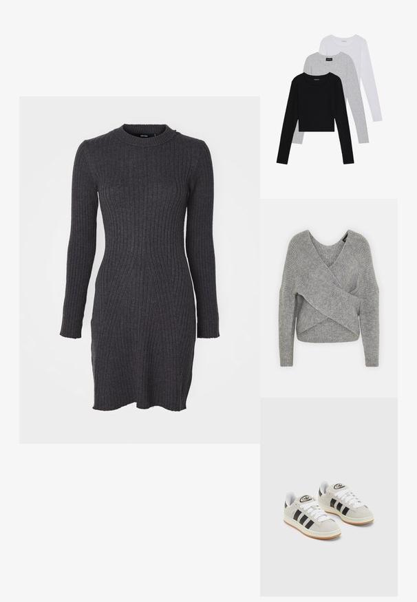 Pullover griș cu un decolteu adânc în V, mâneci lungi și textură cu ochiuri. Fabricat dintr-un material tricotat moale, cu un design stratificat și asimetric.; Rochie tricotată cu nervuri de culoare gri închis, cu mâneci lungi, decolteu rotund și o linie ușor evazată la tiv. Prezintă nervuri verticale și o textură moale.; Trei bluze cu mânecă lungă așezate: neagră, gri și albă. Fiecare are un guler rotund și un design scurt, realizat dintr-un material fin și ușor.; Adidași din suede gri cu șireți albi, dungi negre și talpă din cauciuc alb. Prezintă un logo circular pe limbă și o talpă din cauciuc.