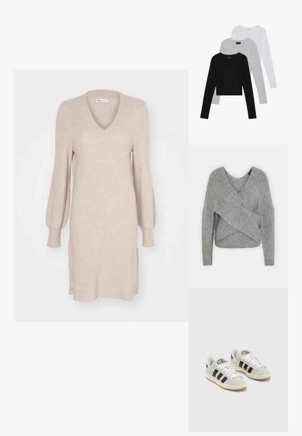 Grå omslagssweater med dyp V-hals, lange ermer og ribbestruktur. Laget av et mykt strikket materiale med et lagdelt, asymmetrisk design.; Strikket kjole i lys beige, med V-hals, lange pufferm og sidesplitter. Myk tekstur med et ribbestrikket mønster gjennom hele.; Tre lange ermer t-skjorter stablet: svart, grå og hvit. Hver har en rund hals og et kort design med glatt, lett stoff.; Grå semsket sneakers med hvite lisser, svarte striper og en hvit gummisåle. Har en sirkulær logo på tungen og en gummisåle.