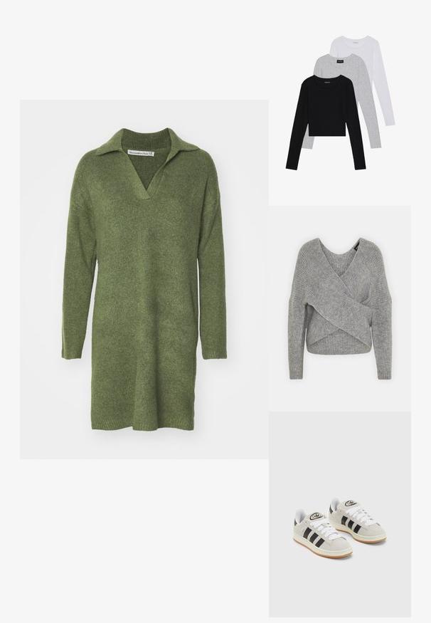 Pelēka apvalka džemperis ar dziļu V veida kakla izgriezumu, garām piedurknēm un ribu tekstūru. Izgatavots no mīksta adījuma materiāla ar slāņotu, asimetrisku dizainu.; Zaļš adīts kleitas ar apkakles materiālu un garām piedurknēm. Iezīmē atslābinātu piegriezumu un nedaudz sašaurinātu apakšējo malu, izgatavota no mīkstas vilnas sajaukuma.; Trīs garām piedurknēm veidotas augšdaļas, sakrautās: melna, pelēka un balta. Katram ir noapaļots kakla izgriezums un īsa dizaina forma ar gludu, vieglu audumu.; Pelēkas zamšādas kedas ar baltām saites, melnām svītrām un baltu gumijas zoli. Raksturīga apļa logo uz mēles un gumijas zole.