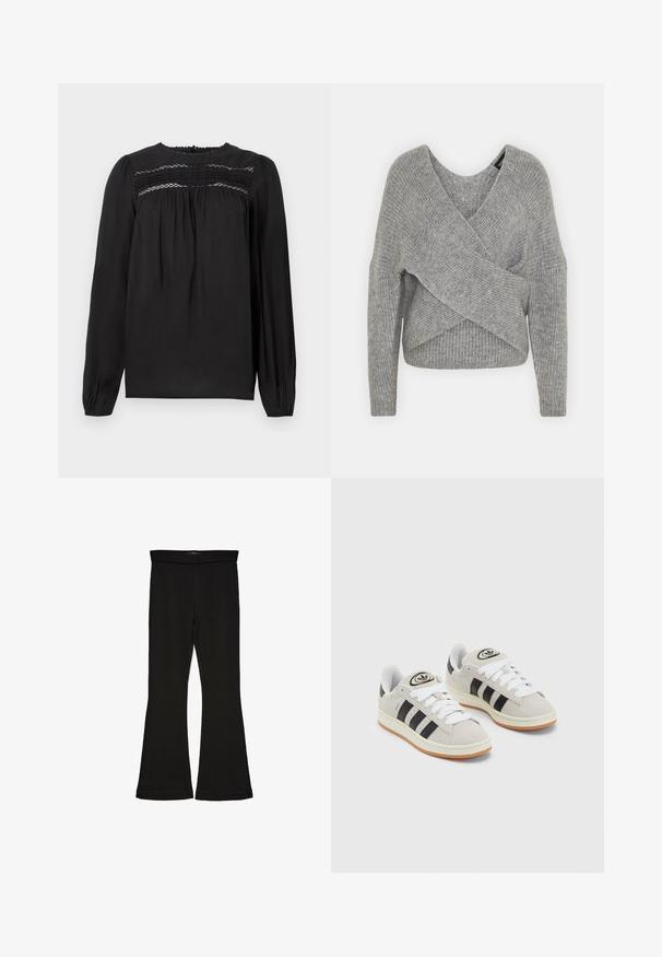Grau umwickelter Pullover mit tiefem V-Ausschnitt, langen Ärmeln und gerippter Textur. Hergestellt aus einem weichen Strickmaterial mit einem geschichteten, asymmetrischen Design.; Schwarze Bluse mit langen Ärmeln und rundem Ausschnitt, mit Raffung und gerafftem Stoff an der Brust und den Ärmeln. Glatte Textur.; Schwarze Schlagleggings aus dehnbarem Stoff. Sie verfügen über einen breiten Bund und eine glatte Textur, mit einer enganliegenden Silhouette, die am Saum ausgestellt ist.; Graue Wildledersneaker mit weißen Schnürsenkeln, schwarzen Streifen und einer weißen Gummisohle. Merkmale sind ein kreisförmiges Logo auf der Zunge und eine Gummisohle.