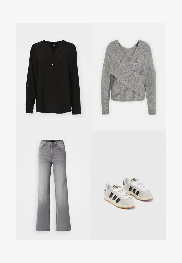 Szürke, mély V kivágású, hosszú ujjú kötött pulóver, bordás textúrával. Puha kötött anyagból készült, réteges, aszimmetrikus dizájnnal.; Fekete, hosszú ujjú blúz kerek nyakkivágással, három díszgombelemmel az elején, és laza szabással. Sima szövet textúra.; Magasan derekú, egyenes szárú, szürke farmernadrág, elől gombbal és cipzárral, elülső és hátsó zsebekkel, valamint elhalványodott árnyékolással a combokon és a vádlikon.; Szürke velúr sportcipők fehér fűzővel, fekete csíkokkal és fehér gumitalppal. A nyelvén kör alakú logó található, illetve a talpa színes gumi.