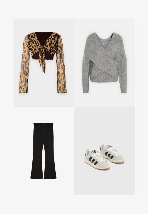 Grå omslagströja med djup V-ringning, långa ärmar och ribbad struktur. Tillverkad av ett mjukt stickat material med en lager-på-lager, asymmetrisk design.; Leopardmönstrad kort topp med långa genomskinliga ärmar och en brun knytning vid midjan. Slätt, lätt tyg med en figurnära design.; Svarta flare leggings tillverkade av elastisk tyg. Har en bred midja och en slät yta, med en åtsittande silhuett som flares vid fållen.; Grå mocka sneakers med vita snören, svarta ränder och en vit gummisula. Har en rund logo på tungan och en gummisula.