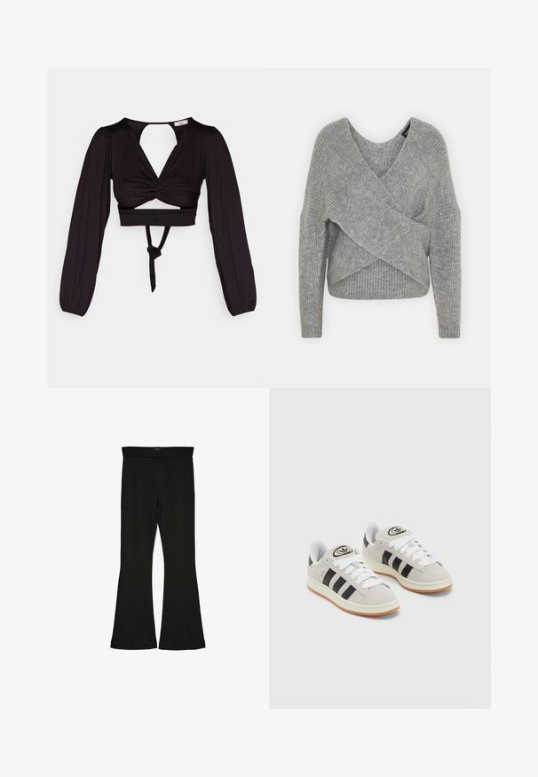 Gray wrap sweater with a deep V-neck, long sleeves, and ribbed texture. Made from a soft knit material with a layered, asymmetrical design.; Black cropped top with long puff sleeves, twisted front design, and open back. Features a tie at the waist and smooth, stretchy fabric.; Black flare leggings made from stretchy fabric. Features a wide waistband and a smooth texture, with a fitted silhouette that flares at the hem.; Gray suede sneakers with white laces, black stripes, and a white rubber sole. Features a circular logo on the tongue and a gum sole.