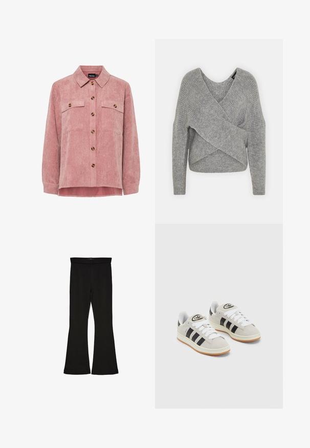 Siva ovitek pulover z globokim V-izrezom, dolgimi rokavi in ribasto teksturo. Narejen iz mehke pletene tkanine z plastnim, asimetričnim dizajnom.; Roza kordurojska srajca jakna z dolgimi rokavi, dvema žepoma na prsih in rjavimi gumbi. Ima klasičen ovratnik in teksturirano rebrasto tkanino.; Črne flare leggings iz raztegljive tkanine. Imajo širok pas in gladko teksturo, s prilegajočo silhueto, ki se na robu razširi.; Sive športne čevlje iz semiša z belimi vezalkami, črnimi črtami in belim gumijastim podplatom. Imajo okroglo oznako na ježku in podplat iz gume.