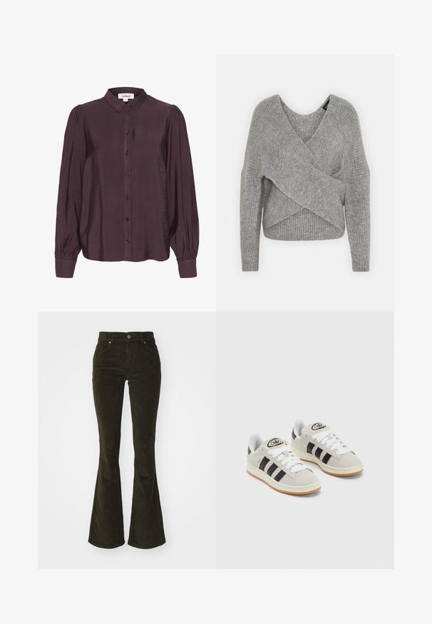 Suéter gris envolvente con un profundo escote en V, mangas largas y textura acanalada. Fabricado con un material de punto suave y un diseño asimétrico en capas.; Blusa color ciruela en un tejido ligero y brillante. Presenta un cierre frontal con botones, mangas largas con puños fruncidos y un cuello clásico.; Pantalones de pana acampanados en verde oscuro. Presentan bolsillos frontales, cierre de botón y una tela suave y texturizada con un patrón acanalado.; Zapatillas de ante gris con cordones blancos, rayas negras y suela de goma blanca. Presentan un logo circular en la lengüeta y una suela de goma.