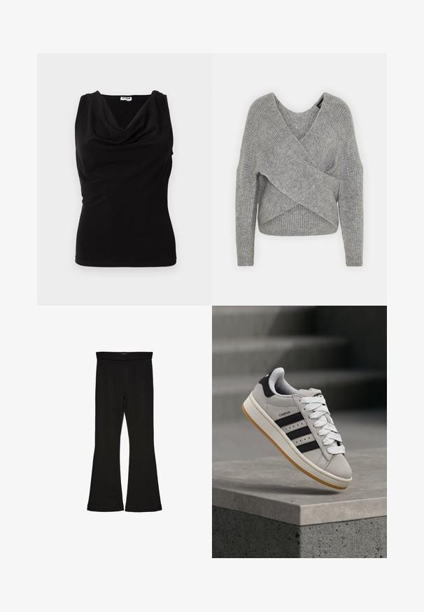 Siva omotana vestica s dubokim V-izrezom, dugim rukavima i rebrastom teksturom. Izrađena od mekog pletenog materijala s slojevitim, asimetričnim dizajnom.; Crna bezrukavna majica s drapiranim dekolteom, izrađena od mekog materijala. Ukrojena forma s suptilnim naborima na ramenima i stranama.; Crne hlače na tregere od rastezljivog materijala. Imaju širok pojas i glatku teksturu, s uskim krojem koji se širi na rubu.; Siva Adidas Campus tenisica s crnim prugama i bijelim vezicama lebdi iznad betonskog ruba s ljestvama u pozadini.