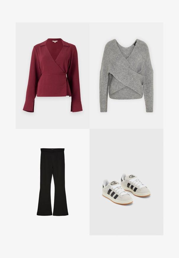Szürke, mély V kivágású, hosszú ujjú kötött pulóver, bordás textúrával. Puha kötött anyagból készült, réteges, aszimmetrikus dizájnnal.; Burgundi színű, hosszú ujjú, átkötős blúz, amelynek bemetszett gallérja és deréknál megkötős részlete van, textúrált anyagból készült, és bővülő ujjvégekkel rendelkezik.; Fekete trapéz leggings rugalmas anyagból készült. Széles derékpánttal és sima textúrával rendelkezik, illeszkedő sziluettje van, amely a szegélyen kigyullad.; Szürke velúr sportcipők fehér fűzővel, fekete csíkokkal és fehér gumitalppal. A nyelvén kör alakú logó található, illetve a talpa színes gumi.