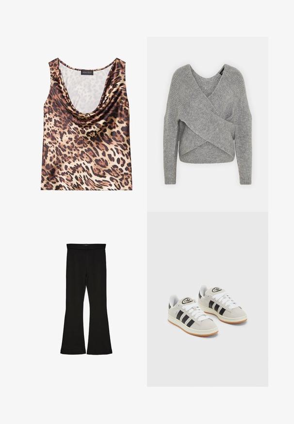 Hallide hallhargus, sügava V-kaelusega, pikkade varrukatega ja ribatrepiga. Valmistatud pehmest kudumismetallist, millel on kihiline, asümmeetriline disain.; Leopardi trükkiga ilma varrukateta topp, volditud kaelus, siidine tekstuur, pruun ja beež värviskeem, julgete mustade laikudega ja siledal viimistlus.; Mustad mustad sääred, mis on valmistatud venivast kangast. Omab laia vööd ja siledat tekstuuri, sobituv siluett, mis laieneb allservas.; Hallid hallid nahkrennid valgete paeltega, mustade triipudega ja valge kummitaldiga. Omab ümmargust logo keeles ja kummitalda.