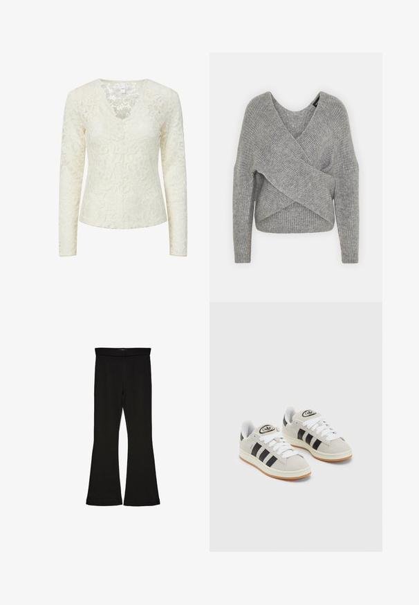 Grau umwickelter Pullover mit tiefem V-Ausschnitt, langen Ärmeln und gerippter Textur. Hergestellt aus einem weichen Strickmaterial mit einem geschichteten, asymmetrischen Design.; Cremefarbene langärmelige Spitzenbluse mit Blumenmuster und gewelltem V-Ausschnitt.; Schwarze Schlagleggings aus dehnbarem Stoff. Sie verfügen über einen breiten Bund und eine glatte Textur, mit einer enganliegenden Silhouette, die am Saum ausgestellt ist.; Graue Wildledersneaker mit weißen Schnürsenkeln, schwarzen Streifen und einer weißen Gummisohle. Merkmale sind ein kreisförmiges Logo auf der Zunge und eine Gummisohle.