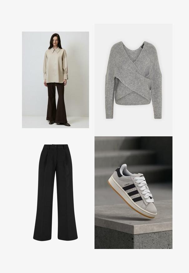 Hallide hallhargus, sügava V-kaelusega, pikkade varrukatega ja ribatrepiga. Valmistatud pehmest kudumismetallist, millel on kihiline, asümmeetriline disain.; Pikkade käistega heledabrownbeige särk klassikalise krae ja nööpidega mansettidega, koos pruunide laiarebane pükste ja tumedate kingadega.; Mustad laiad püksid esiplekiga, valmistatud siledast kangast. Omab nupuga sulgemist ja täpset lõiget.; Hall Adidas Campus spordijalats mustade triipude ja valgete paeltega, mis hõljub betoonist ääre kohal, kus taustal on trepid.