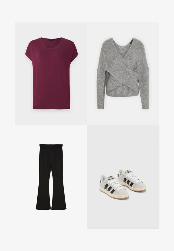 Harmaa neulejakku, jossa on syvä V-kaula-aukko, pitkät hihat ja ribboitu pinta. Valmistettu pehmeästä neuloksesta, jossa on kerroksellinen ja epäsymmetrinen muotoilu.; Burgundinpunainen lyhythihainen T-paita, joka on valmistettu pehmeästä kankaasta. Siinä on pyöreä pääntie, rento istuvuus, käännetyt hihansuut ja suora helma.; Mustat leveät legginsit, jotka on valmistettu joustavasta kankaasta. Niissä on leveä vyötärö ja sileä pinta, sekä vartalonmyötäinen leikkaus, joka levenee helmassa.; Harmaat mokkasiinikenkä, joissa on valkoiset nauhat, mustat raidat ja valkoinen kumipohja. Kantajassa on pyöreä logo ja vaaleanruskea pohja.