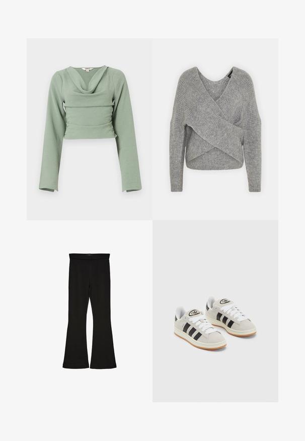 Grå indpakningssweater med dyb V-udskæring, lange ærmer og ribbet tekstur. Fremstillet i et blødt strikkemateriale med et lagdelt, asymmetrisk design.; Skåret langærmet top i blødt, struktureret mintgrønt stof. Har en draperet cowl-udskæring og tætsiddende design med en vandret sømdetalje.; Sorte flared leggings lavet af strækbart stof. Har en bred talje og en glat tekstur, med en tætsiddende silhuet der bredder sig ved sømmen.; Grå ruskinds sneakers med hvide snørebånd, sorte striber og en hvid gummisål. Har et rundt logo på tungen og en gummisål.