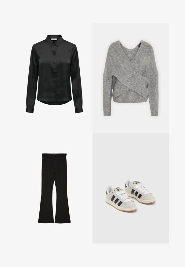 Szary sweter o luźnym kroju z głębokim dekoltem w kształcie litery V, długimi rękawami i prążkowaną teksturą. Wykonany z miękkiego materiału dzianinowego z warstwowym, asymetrycznym wzorem.; Czarna satynowa koszula z długim rękawem, z zapięciem na guziki, klasycznym kołnierzykiem i zaokrąglonym dołem. Posiada delikatny połysk i dopasowane rękawy.; Czarne legginsy w stylu dzwonów wykonane z elastycznej tkaniny. Posiadają szeroki pas i gładką teksturę, z dopasowanym krojem, który rozszerza się ku dołowi.; Szare zamszowe trampki z białymi sznurówkami, czarnymi paskami i białą gumową podeszwą. Posiadają okrągłe logo na języku oraz gumową podeszwę.