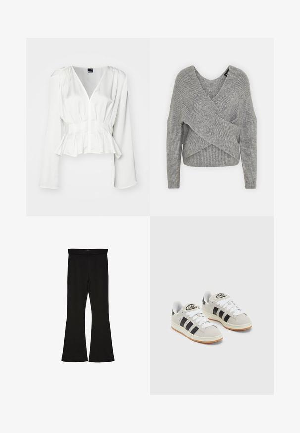 Grå omslagssweater med dyp V-hals, lange ermer og ribbestruktur. Laget av et mykt strikket materiale med et lagdelt, asymmetrisk design.; Hvit langermet bluse med V-hals, plissert midje og mykt stoff. Har rynket skulderdetalj og knapper foran.; Sorte flared leggings laget av stretchy stoff. Har en bred midjebånd og en glatt tekstur, med en tettsittende silhuett som blir videre nedover.; Grå semsket sneakers med hvite lisser, svarte striper og en hvit gummisåle. Har en sirkulær logo på tungen og en gummisåle.