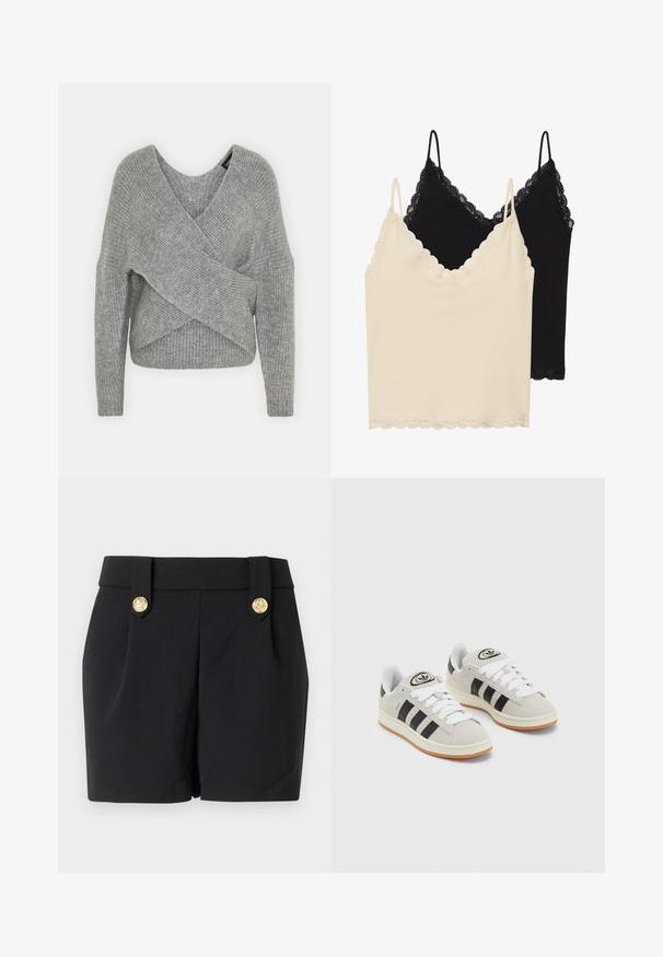 Gray wrap sweater with a deep V-neck, long sleeves, and ribbed texture. Made from a soft knit material with a layered, asymmetrical design.; Two camisoles: one cream and one black. Both feature lace trim along the neckline and hem, with adjustable spaghetti straps.; Black shorts with a tailored design, featuring gold-tone decorative buttons and a smooth texture. No pockets or visible seams.; Gray suede sneakers with white laces, black stripes, and a white rubber sole. Features a circular logo on the tongue and a gum sole.