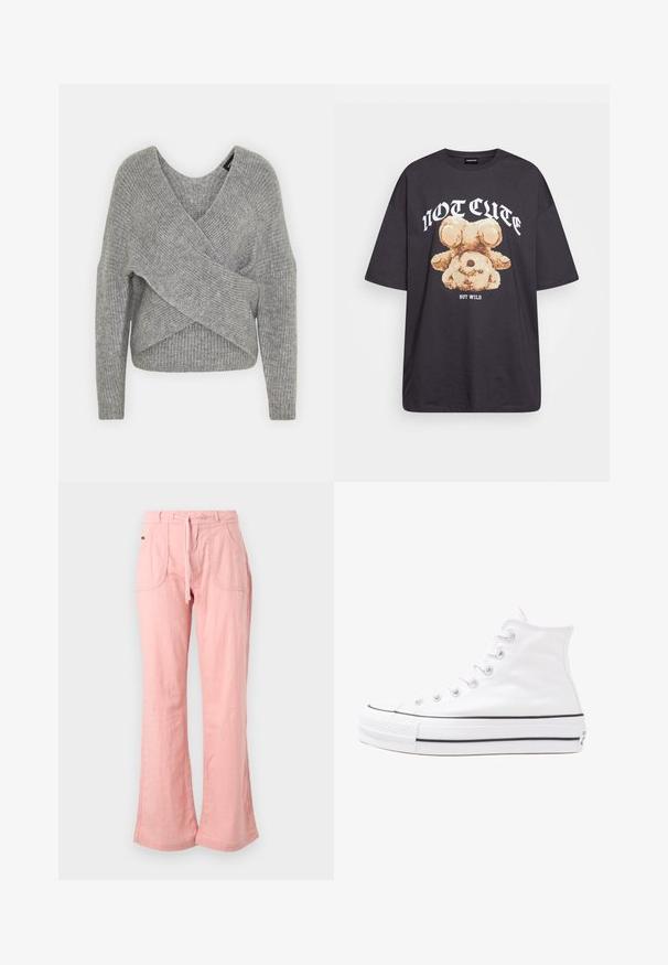 Gray wrap sweater with a deep V-neck, long sleeves, and ribbed texture. Made from a soft knit material with a layered, asymmetrical design.; Black oversized t-shirt featuring a graphic of a bear with the text “NOT CUTE BUT WILD” in bold, white lettering. Cotton material.; Light pink, wide-leg pants made from a soft fabric, featuring a drawstring waist, two front pockets, and a textured finish.; White high-top canvas sneaker with black rubber sole, front rubber toe cap, and six eyelets for laces, featuring a clean, minimalist design.