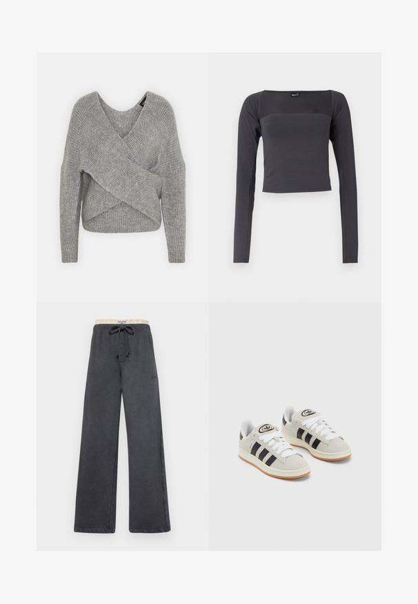 Sivý cardigan s hlbokým V- výstrihom, dlhými rukávmi a rebrovanou textúrou. Vyrobený z mäkkého pleteného materiálu s viacvrstvovým, asymetrickým dizajnom.; Dlhý rukáv, skrátený top v tmavošedej látke so hladkým povrchom. Má štvorecový výstrih a priliehavý strih.; Tmavošedé široké nohavice s jemnou textúrou, elastickým pásom, nastaviteľnou šnúrkou a nenápadným logom blízko bedra.; Sivé semišové tenisky s bielymi šnúrkami, čiernymi pruhmi a bielou gumovou podrážkou. Obsahujú okrúhly logo na jazyku a gumenú podrážku.