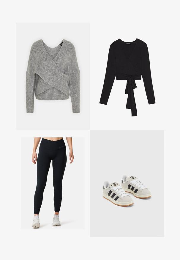 Szary sweter o luźnym kroju z głębokim dekoltem w kształcie litery V, długimi rękawami i prążkowaną teksturą. Wykonany z miękkiego materiału dzianinowego z warstwowym, asymetrycznym wzorem.; Even&Odd - Bluzka z długim rękawem; Czarne legginsy z wysokim stanem, wykonane z elastycznego materiału. Charakteryzują się bezszwowym wykończeniem i subtelnym logo blisko góry.; Szare zamszowe trampki z białymi sznurówkami, czarnymi paskami i białą gumową podeszwą. Posiadają okrągłe logo na języku oraz gumową podeszwę.