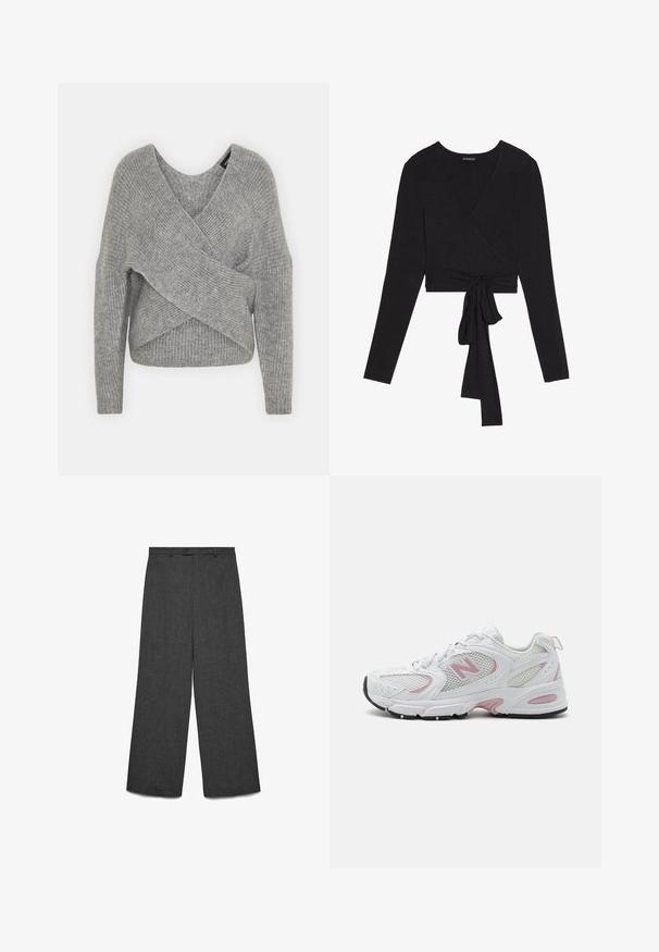 Gray wrap sweater with a deep V-neck, long sleeves, and ribbed texture. Made from a soft knit material with a layered, asymmetrical design.; Even&Odd Long sleeved top - black; Wide-leg trousers in dark gray fabric, featuring a button closure, flat front, and vertical texture. Straight cut with minimal detailing.; White athletic shoes with mesh and synthetic upper, pink accents, padded collar, and black rubber sole. Features visible perforations and logo.