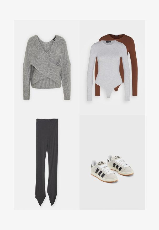 Grijze wikkeltrui met een diepe V-hals, lange mouwen en ribbelstructuur. Gemaakt van een zachte gebreide stof met een gelaagd, asymmetrisch ontwerp.; Twee longsleeve bodysuits: één grijs en één bruin, beide gemaakt van een zachte stof. Ze hebben een ronde halslijn en een nauwsluitend ontwerp.; Donkergrijze leggings van zacht materiaal, met een brede tailleband en taps toelopende uiteinden die puntig zijn. Het ontwerp is glad zonder patronen.; Grijze nubucklederen sneakers met witte veters, zwarte strepen en een witte rubberen zool. Bevat een rond logo op de tong en een gumzool.