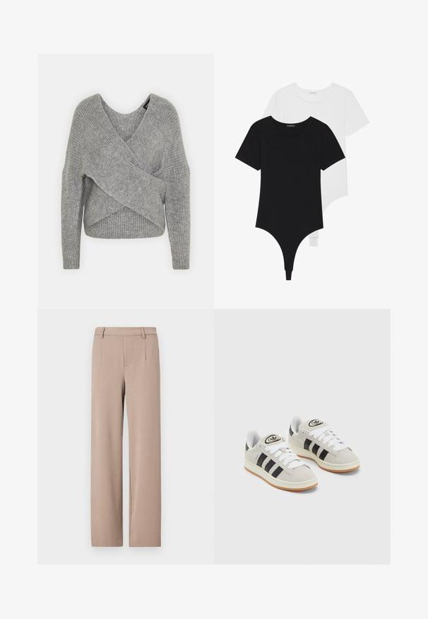 Pull en gris avec un col en V profond, des manches longues et une texture côtelée. Fabriqué en matériau tricoté doux avec un design asymétrique superposé.; Bodysuits noirs et blancs à manches courtes avec des encolures rondes et des fonds-string, fabriqués à partir d'un tissu lisse et extensible.; Pantalons beige clair avec une coupe droite, un design ajusté, et des poches avant, avec une texture lisse et une taille.; Baskets en suède gris avec des lacets blancs, des rayures noires et une semelle en caoutchouc blanc. Présentent un logo circulaire sur la languette et une semelle en gomme.