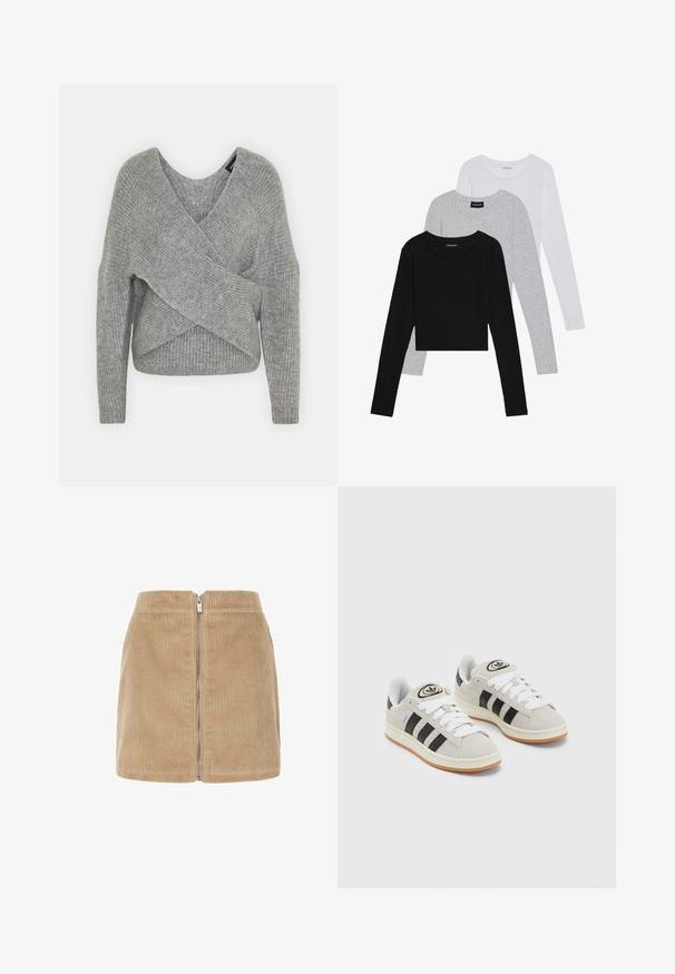 Grijze wikkeltrui met een diepe V-hals, lange mouwen en ribbelstructuur. Gemaakt van een zachte gebreide stof met een gelaagd, asymmetrisch ontwerp.; Drie langmouwige tops gestapeld: zwart, grijs en wit. Elke top heeft een ronde halslijn en een cropped ontwerp van soepel, lichtgewicht materiaal.; Beige corduroy minirok met verticale ribbeltextuur, een hoge taille en een voorgesloten rits. Eenvoudig ontwerp met schone lijnen.; Grijze nubucklederen sneakers met witte veters, zwarte strepen en een witte rubberen zool. Bevat een rond logo op de tong en een gumzool.