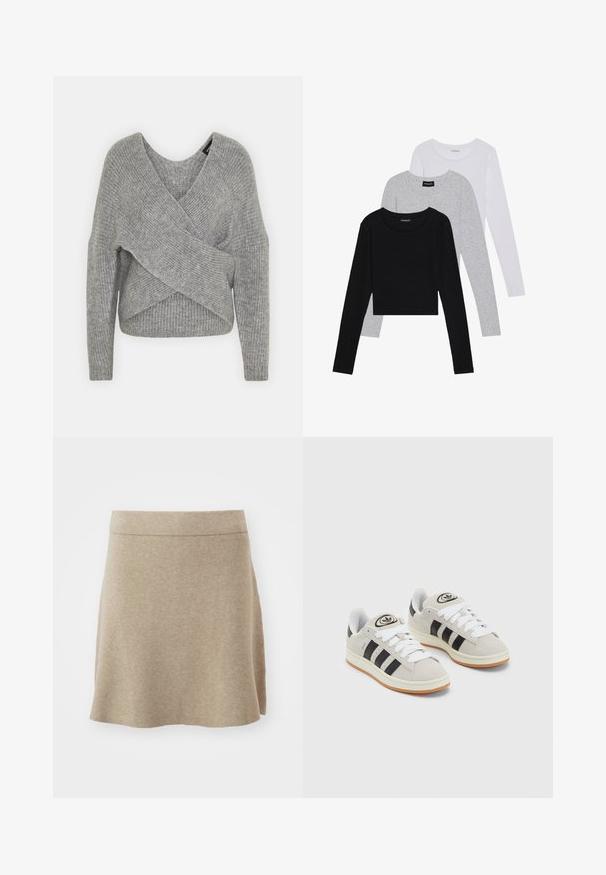 Szary sweter o luźnym kroju z głębokim dekoltem w kształcie litery V, długimi rękawami i prążkowaną teksturą. Wykonany z miękkiego materiału dzianinowego z warstwowym, asymetrycznym wzorem.; Trzy bluzki z długim rękawem ułożone jedna na drugiej: czarna, szara i biała. Każda z okrągłym dekoltem i skróconym fasonem, wykonana z gładkiego, lekkiego materiału.; Beżowa spódnica uszyta z miękkiego materiału, w fasonie A-line, z subtelną fakturą i prostym wykończeniem dołu. Jednolity kolor, bez widocznych wzorów ani akcentów.; Szare zamszowe trampki z białymi sznurówkami, czarnymi paskami i białą gumową podeszwą. Posiadają okrągłe logo na języku oraz gumową podeszwę.