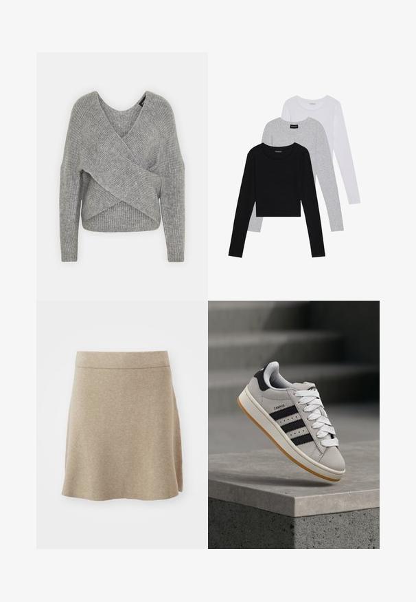 Sivý cardigan s hlbokým V- výstrihom, dlhými rukávmi a rebrovanou textúrou. Vyrobený z mäkkého pleteného materiálu s viacvrstvovým, asymetrickým dizajnom.; Tričko s dlhým rukávom v troch farbách: čiernej, sivej a bielej. Každé má okrúhly výstrih a skrátený strih vyrobený z hladkej, ľahkej tkaniny.; Bežová sukňa vyrobená z jemnej tkaniny, A-línie dizajn, obsahuje jemnú textúru a rovný lem. Jednofarebná bez viditeľných vzorov alebo akcentov.; adidas Originals CAMPUS 00S W - Tenisky - crystal white/core black/off white